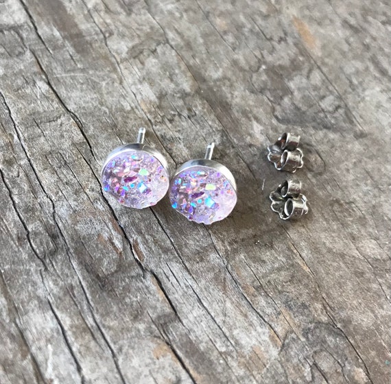 Rainbow Pastel Pink Druzy Earrings Silver Stud Earrings Sterling Silver Faux Druzy Stud Earrings Sparkly Druzy Sterling Silver studs 8mm