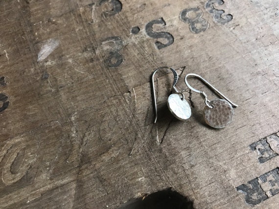 Mini silver Earrings sterling silver discs Earring Handmade Sterling SIlver Forged Textured French Hooks