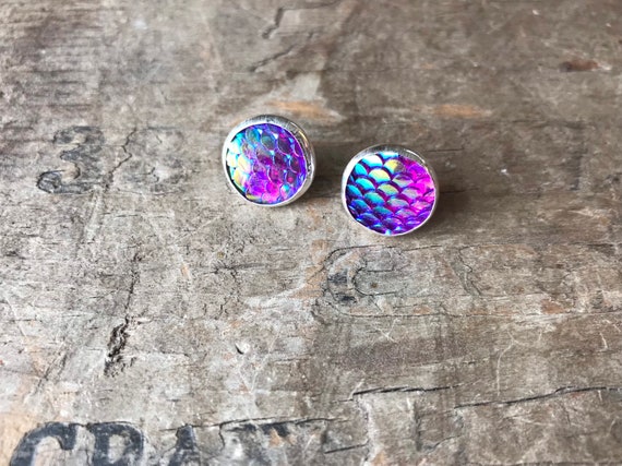 Large Purple Mermaid scale rainbow earrings sterling silver stud earrings 12mm