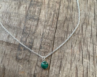 Tiny Malachite Necklace sterling silver and  6mm Malachite charm necklace