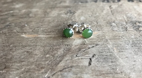 Green Gemstone Stud Earrings || Sterling Studs || Nephrite green Earrings Sterling Silver