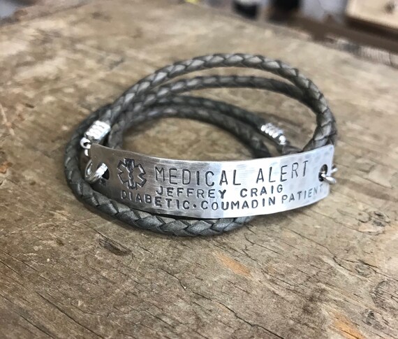 Men’s Medical Alert Sterling silver Medical bracelet Jewelry Medical Alert leather bracelet Diabetic Alert Custom Medical Allergy Alert