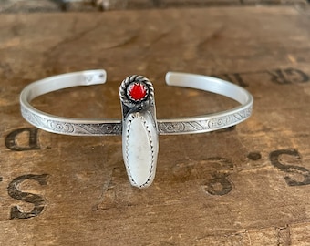 White Buffalo Turquoise with Red coral gemstone sterling silver bracelet OOAK handmade in Missouri