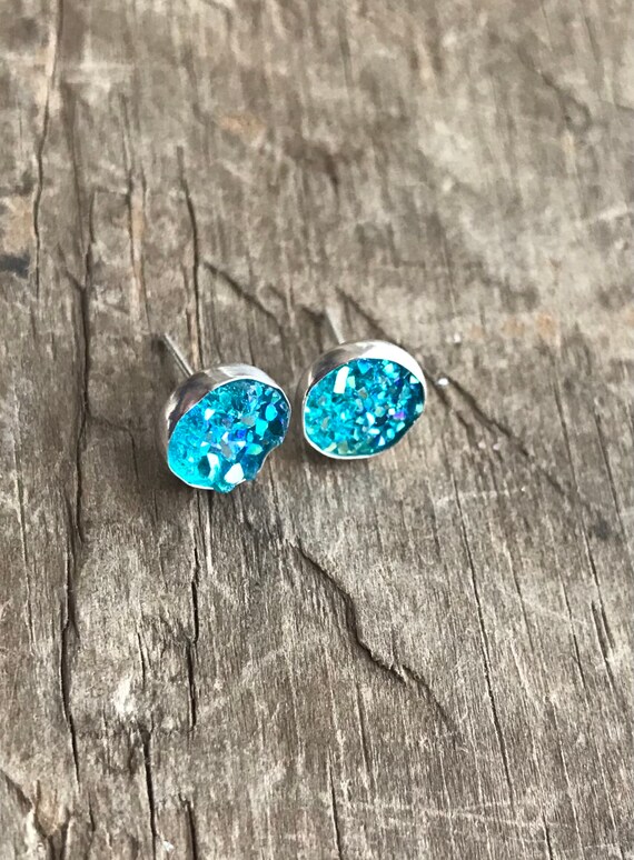 Turquoise Rainbow Druzy Earrings Silver Stud Earrings Sterling Silver Faux Druzy Stud Earrings Sparkly Druzy Sterling Silver studs mermaid