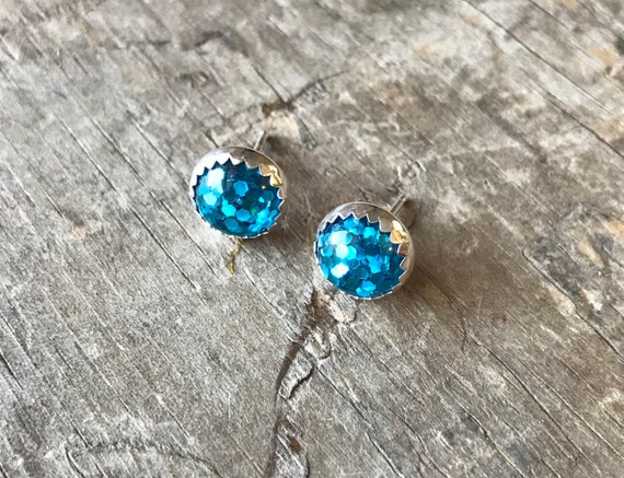 Blue Glitter Earrings Silver Stud Earrings Sterling Silver Glitter Peacock Blue Stud Earrings Sparkly Blue Sterling Silver studs 8mm blue