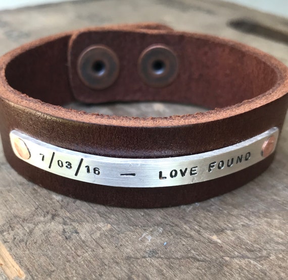 Personalized Silver Leather Bracelet Sterling Silver Personalized Bracelet Solid Sterling Rustic Silver & leather