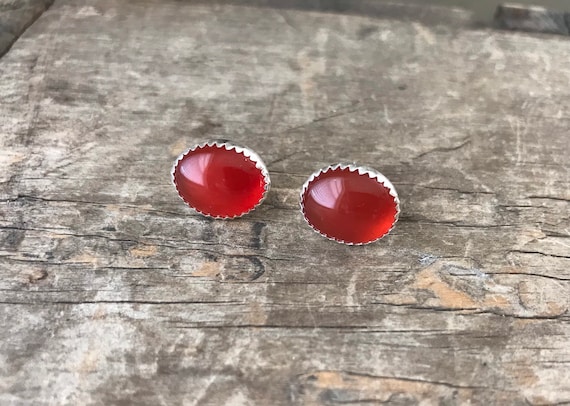 Oval Carnelian Stud Earrings Sterling Silver Red Orange Gemstone Stud Earrings || Sterling red orange Carnelian Studs || 11x13mm