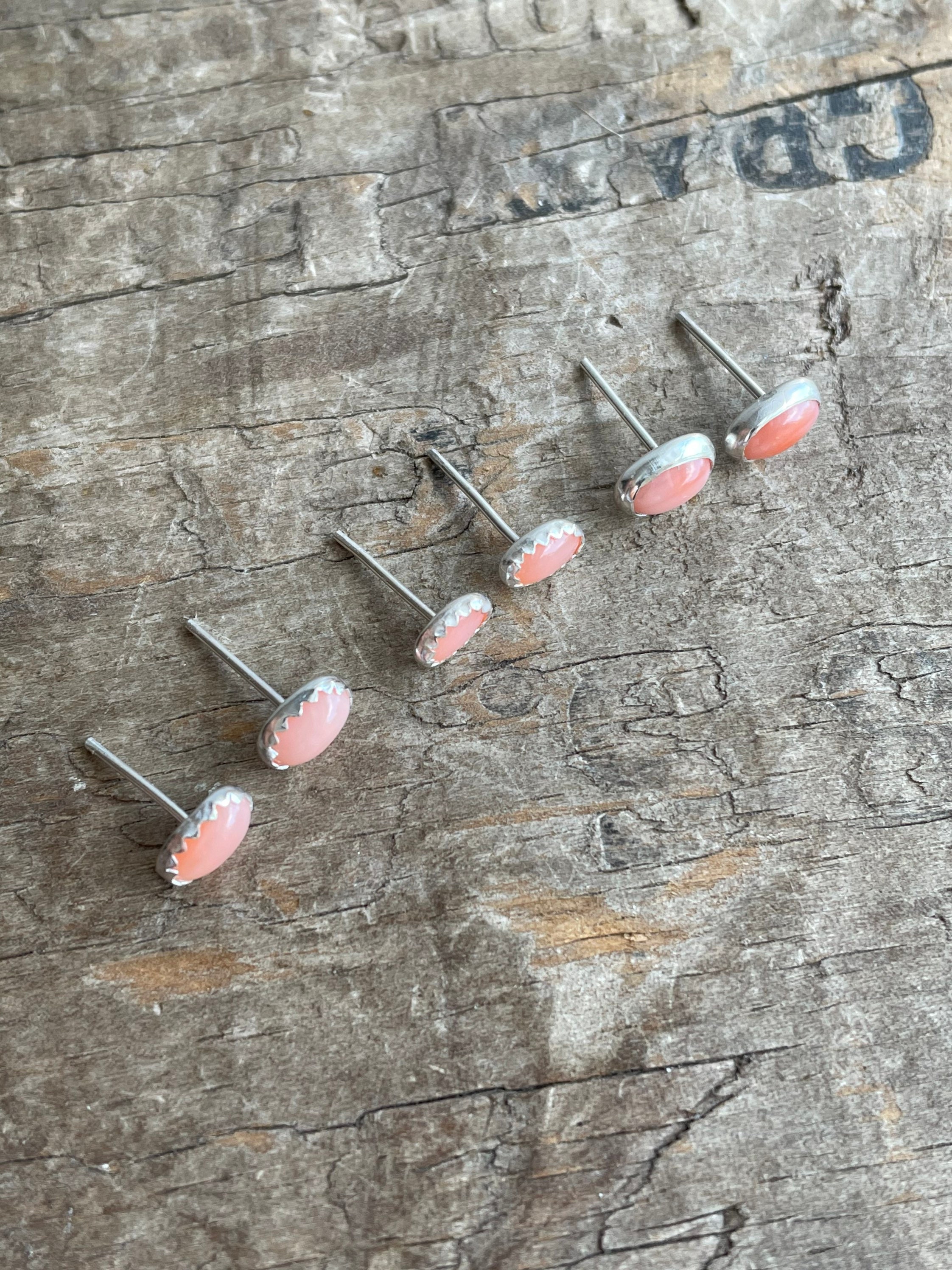 Light Pink coral stud earrings sterling silver small silver oval coral