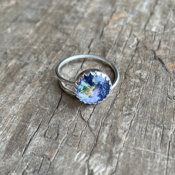 Earth Ring adjustable sterling silver with Earth solid sterling silver adjustable size ring 10mm Earth planet