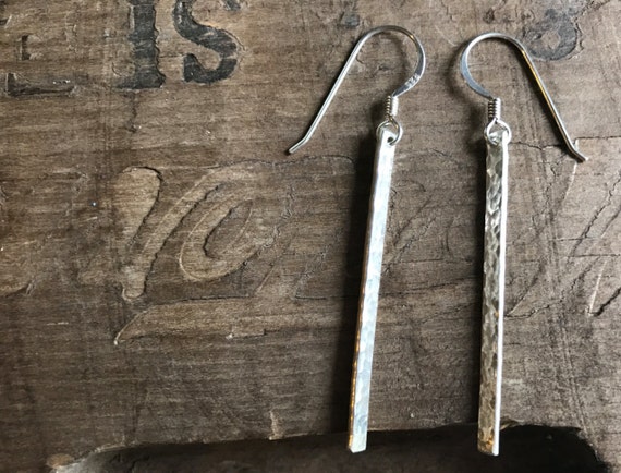 Silver Bar Earrings || Sterling silver bar Earrings Handmade Forged Textured French hook Earrings