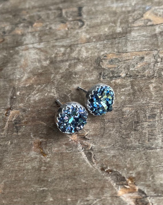 Iridescent Blue Druzy Earrings Silver Stud Earrings Sterling Silver Faux Druzy Stud Earrings Sparkly Druzy Sterling Silver studs blue