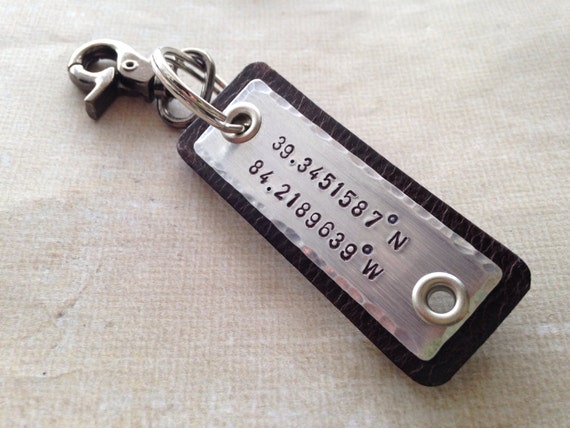 Boyfriend Gift Men's Leather Keychain Personalized GPS Coordinates Longitude Latitude Hipster Personalized Gift