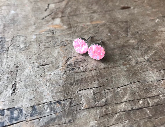 Rainbow Pastel Pink Druzy Earrings Silver Stud Earrings Sterling Silver Faux Druzy Stud Earrings Sparkly Druzy Sterling Silver studs 8mm