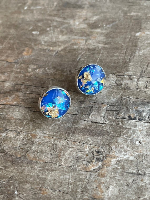 Sparkly Blue and Gold Foil Studs set in solid sterling silver 12mm Denim Blue Earrings