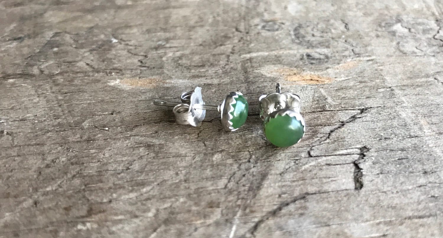 Green Gemstone Stud Earrings Sterling Studs Nephrite green