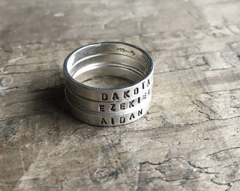 Mom Rings Set of FOUR 4 Mom Rings Personalized Mom Rings Womens Sterling Silver Childrens Names Ring Stacking Skinny Rings Kids Names