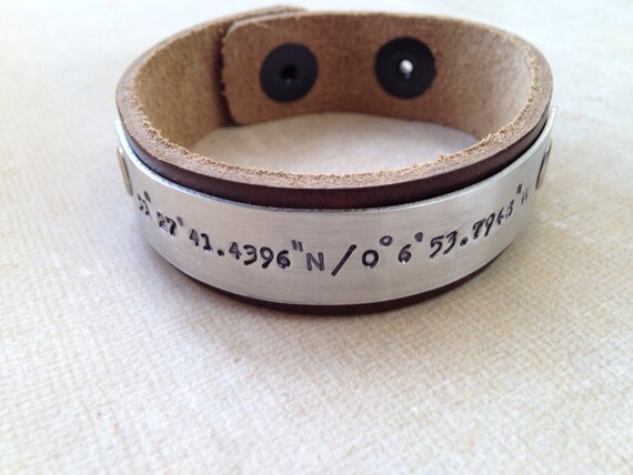 Custom Mens Leather Bracelet Latitude Longitude Coordinates Leather Cuff Hand Crafted in USA