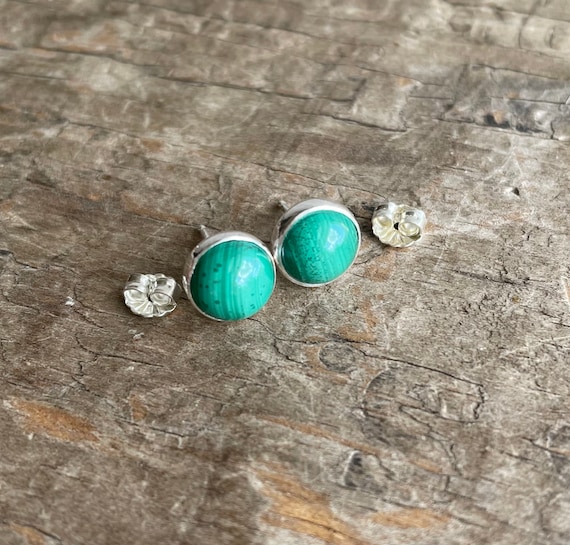 Malachite handmade silver earring studs green earrings 8mm green gemstones