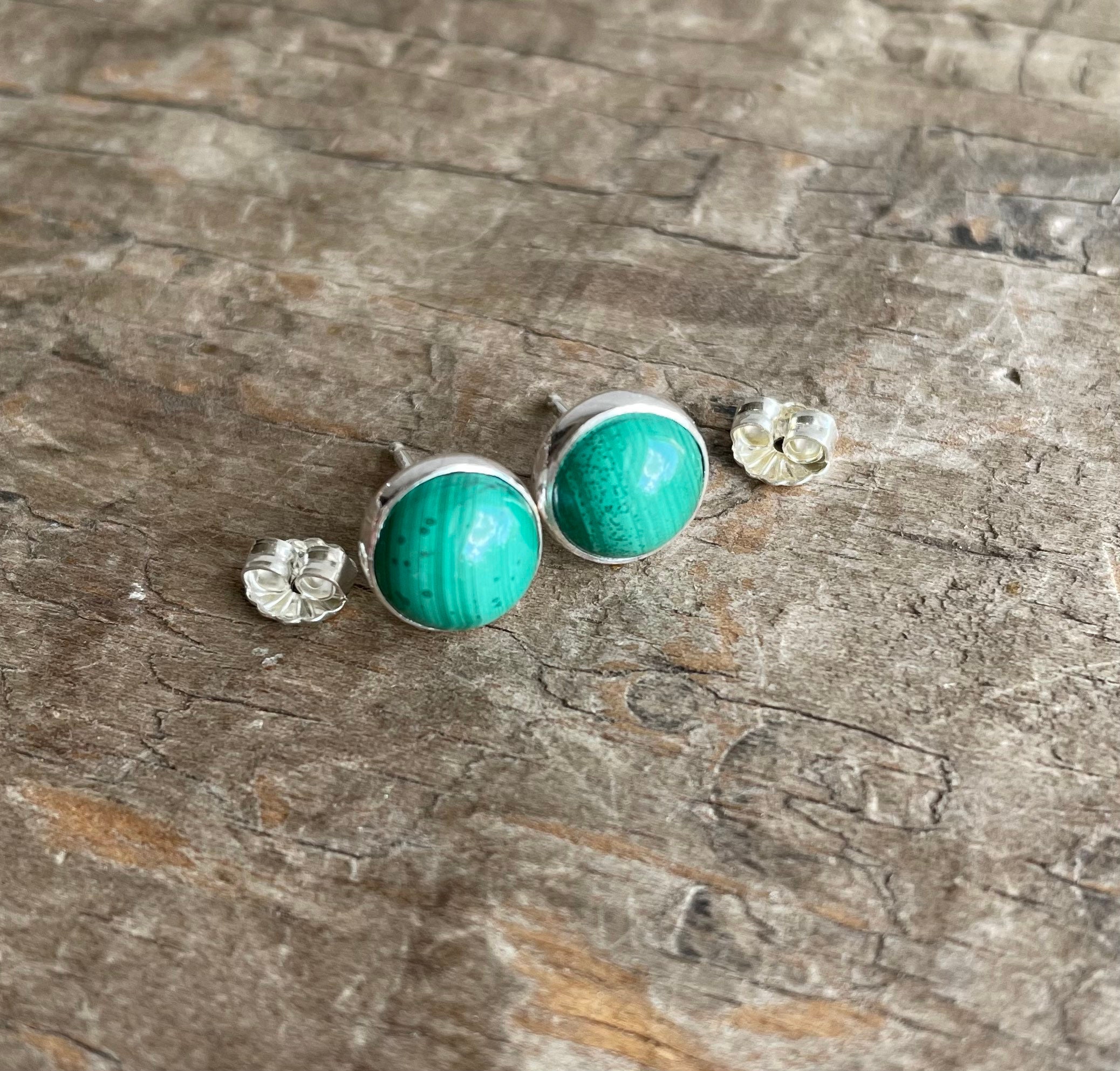 Malachite handmade silver earring studs green earrings 8mm green gemstones
