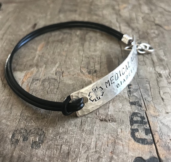 Sterling Silver Leather Medical Bracelet Custom Medical Alert Jewelry Custom Made Allergy alert Medication