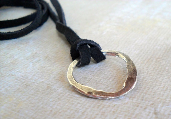 Sterling Silver Men's Necklace Black Suede Necklace Rustic Mens Unisex Silver Karma Necklace Imperfect circle