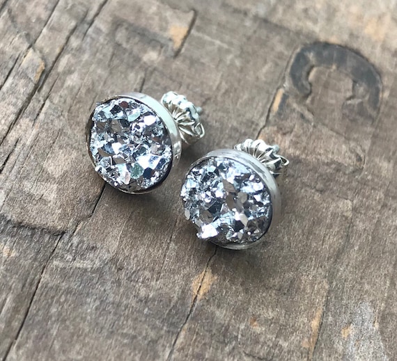 Silver Druzy Earrings Silver Stud Earrings Sterling Silver Faux Druzy Stud Earrings Sparkly Druzy Sterling Silver studs