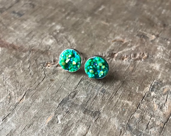 Green mermaid Rainbow Druzy Earrings Silver Stud Earrings Sterling Silver Faux Druzy Earrings Sparkly Druzy Sterling Silver studs mermaid