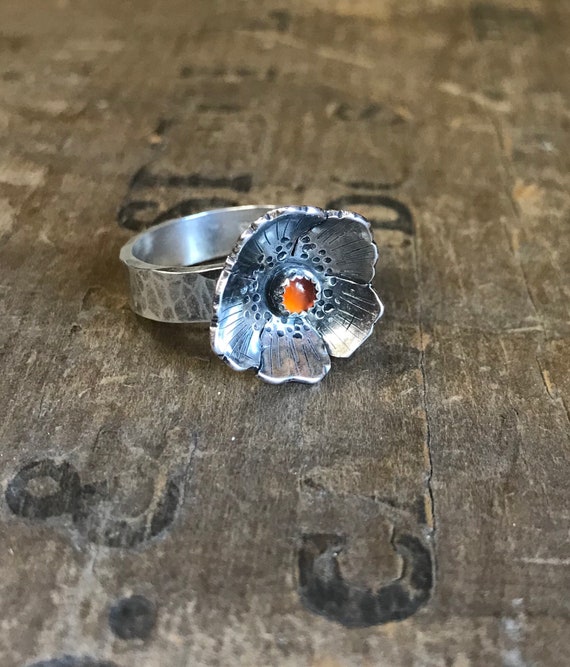 Floral statement ring size 6 sterling silver OOAK statement ring carnelian floral boho festival ring