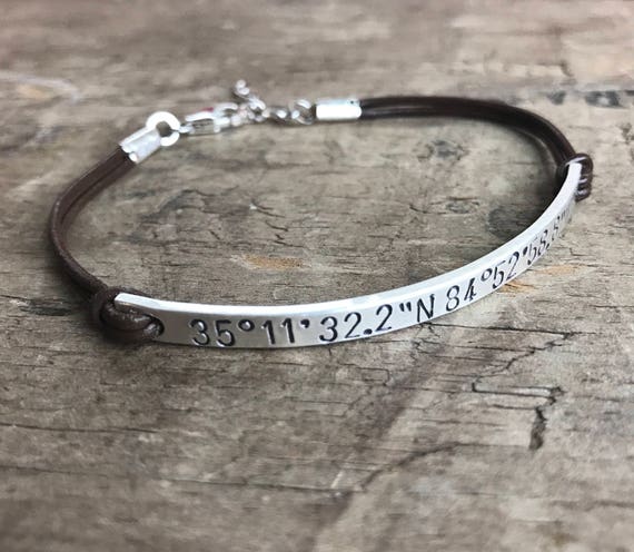 Personalized Women's Leather Sterling Silver Bracelet Custom Bracelet GPS Coordinates