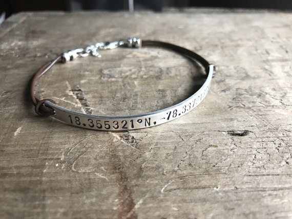 Personalized MOM BRACELET Leather Sterling Silver Bracelet Custom Bracelet GPS Coordinates