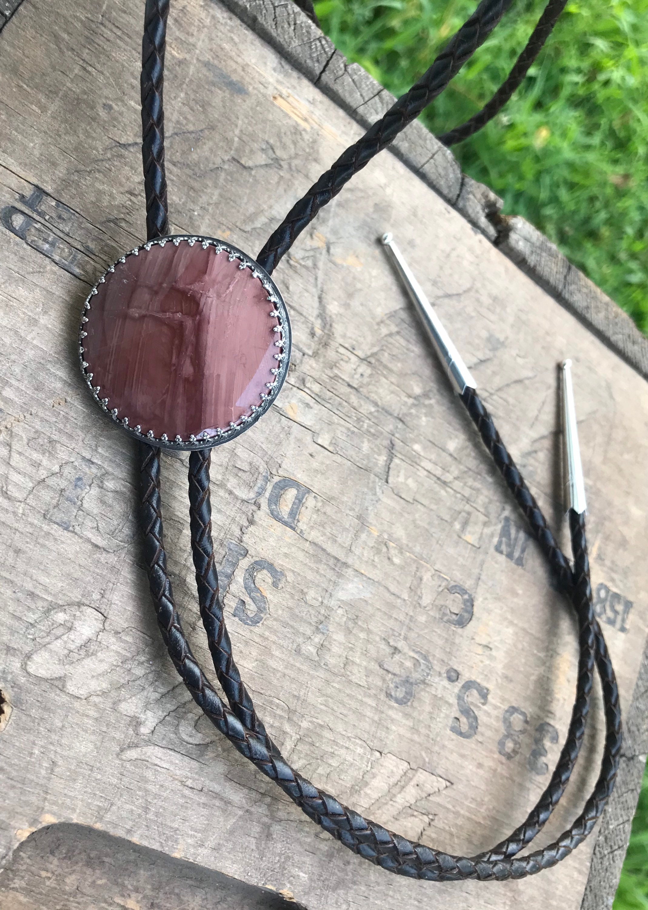 Bola tie large Bolo Tie Dark Pink Gemstone Rhodochrosite in sterling silver thick Dark Brown