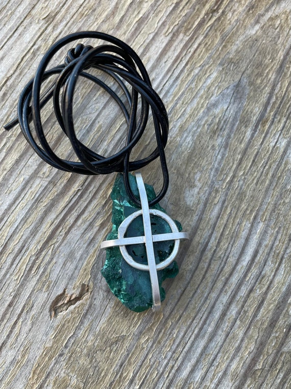 Raw Malachite Healing Necklace on leather raw green Malachite set in sterling silver on black leather