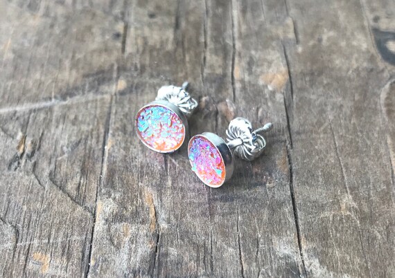 Rainbow Pink Druzy Earrings Silver Stud Earrings Sterling Silver Faux Druzy Stud Earrings Sparkly Druzy Sterling Silver studs pastel