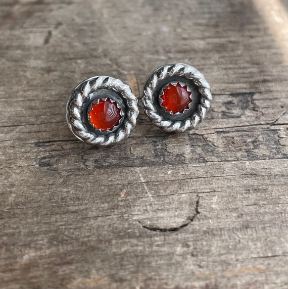 Sterling Silver Carnelian Stud Earrings Sterling Silver Red Orange Gemstone Stud Earrings || Sterling red orange Carnelian Studs ||