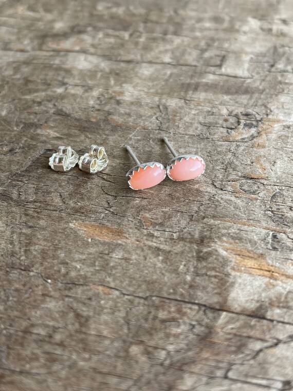 Light Pink coral stud earrings sterling silver small silver oval coral studs