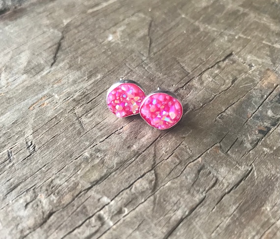 Rainbow Hot Pink Druzy Earrings Silver Stud Earrings Sterling Silver Faux Druzy Stud Sparkly Druzy Sterling Silver studs 8mm Fuchsia