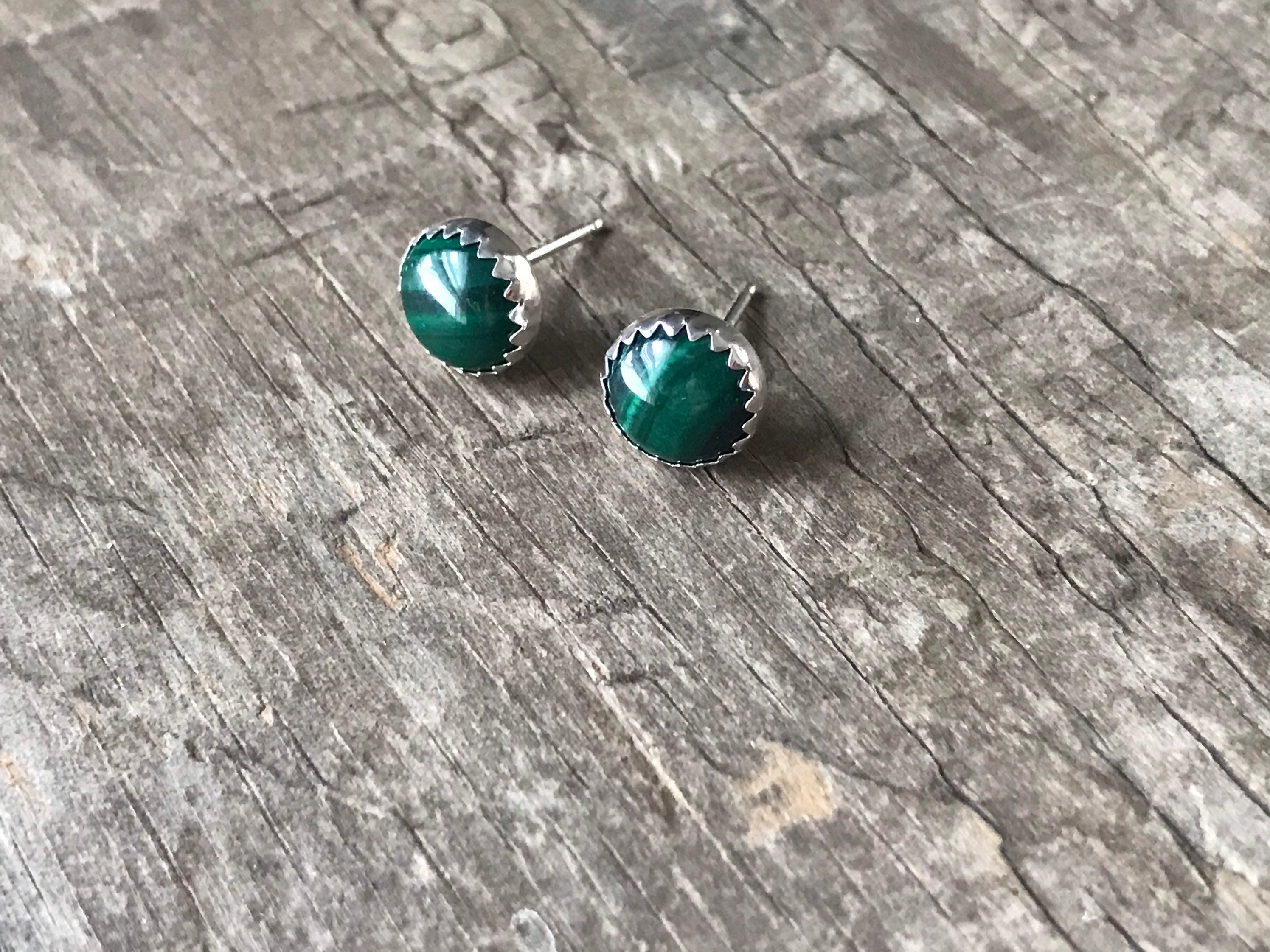 Malachite handmade silver earring studs green earrings 8mm green gemstones