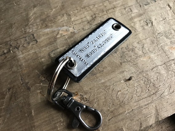 Men's Leather Keychain Personalized GPS Coordinates Longitude Latitude Hipster Personalized Gift