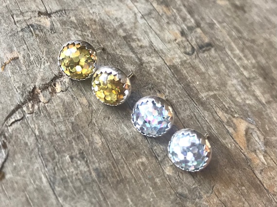 Gold & Silver Glitter Earrings Set Silver Stud Earrings Sterling Silver Glitter Stud Earrings Sparkly Sterling Silver studs 8mm Gold Silver