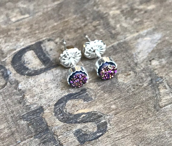 Tiny Rainbow Druzy Earrings Silver Stud Earrings Sterling Silver Faux Druzy Stud Earrings Sparkly Druzy Sterling Silver studs