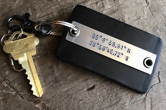 Personalized Men's Leather Keychain Longitude Latitude Custom GPS Coordinates Hipster Keychain