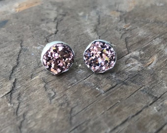 Rose Gold Druzy Earrings Silver Stud Earrings Sterling Silver Faux Druzy Stud Earrings Sparkly Druzy Sterling Silver studs