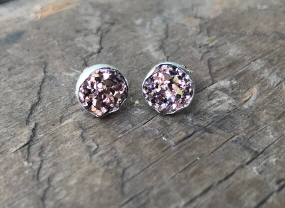 Rose Gold Druzy Earrings Silver Stud Earrings Sterling Silver Faux Druzy Stud Earrings Sparkly Druzy Sterling Silver studs