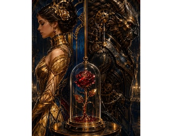 Steampunk Beast Art Print: Beauty and the Beast Mechanical Rose Poster (Digital Illustration)