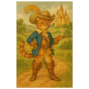 Puss in Boots, Vintage Fairytale Art Print, Whimsical Cat Illustration in Watercolor, Perfect for Book Lovers & Art Fans