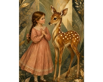 Woodland Child Print Vintage Fawn Poster Dusty Rose Pink Art Deco Forest Painting