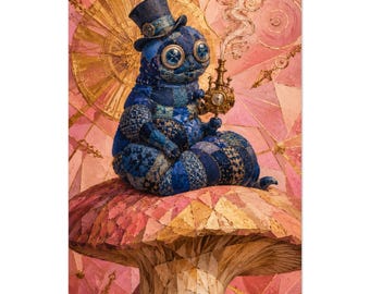 Caterpillar Art Alice Wonderland Sapphire Blue Mushroom Poster Print