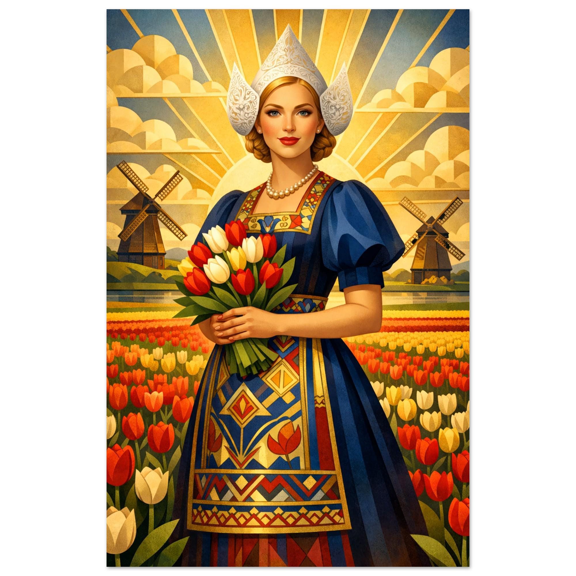 Dutch Art Deco Woman Print, Netherlands Tulip Field Wall Art