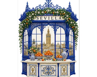 Sevilla Spain Pavilion Silk Embroidery Art Print Minimalist Giralda Tower Poster