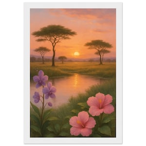 Vibrant Africa Sunset Watercolor | Framed Poster Art | African Savannah Landscape | Nature Wall Decor | Photographic Art | Watercolor Sunset